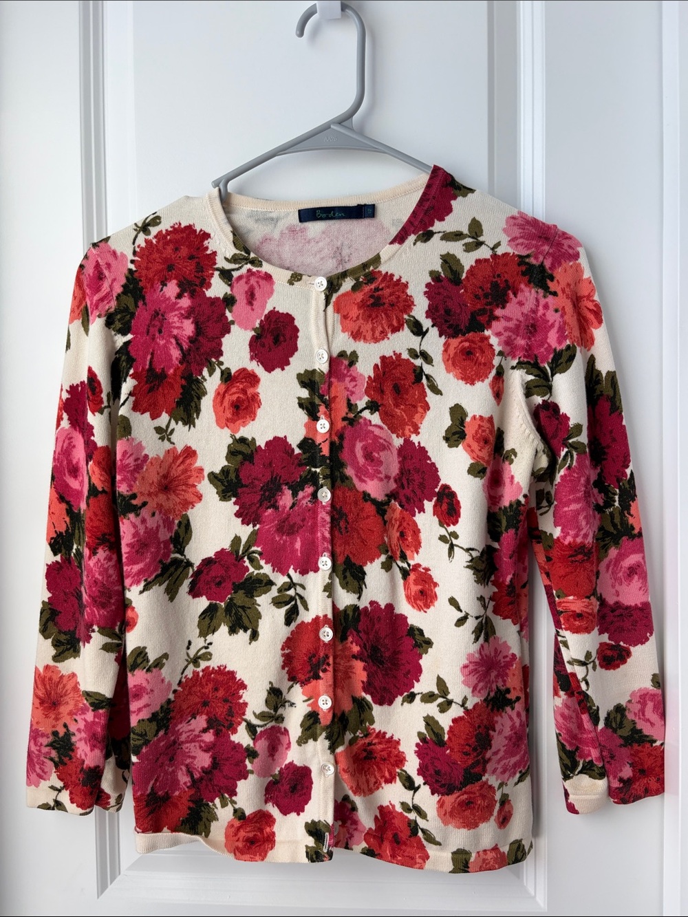 Boden Floral Button-Front Cardigan - Cream, Pink & Red Size 12